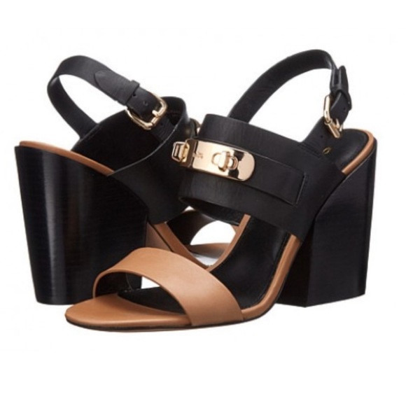 Coach Dennis Turnlock Open Toe Slingback Block Heels Sandals Tan Black Gold 8.5 - Picture 16 of 16